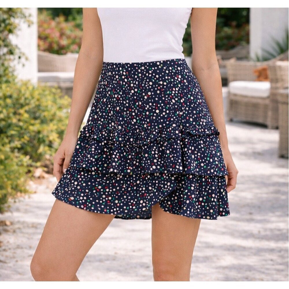 Nanette Lepore Vintage Y2K Flirty Navy Polka Dot Silk Ruffle Mini Skirt Size 6